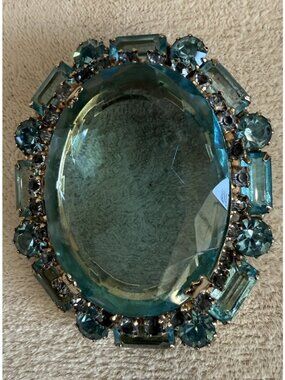 Rare Vintage Brooch/Pin Aqua Blue Glass Cabochon W/ Round &Baguette Rhinestones